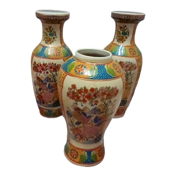 Vintage Set Of 3 Handcrafted Chinese Porcelain Floral Vase With Birds